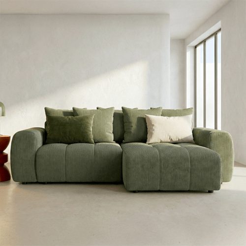 Canapé d'angle convertible réversible 4 places avec coffre de rangement en velours côtelé vert kaki - Rivoli