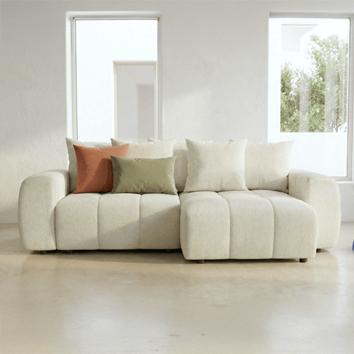 Canapé d'angle convertible réversible 4 places avec coffre de rangement en tissu chenille beige - Rivoli