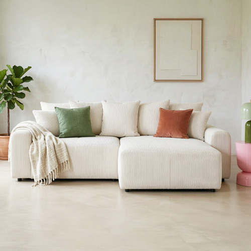 Canapé d'angle convertible réversible 4 places avec coffre de rangement en velours côtelé beige - Monceau