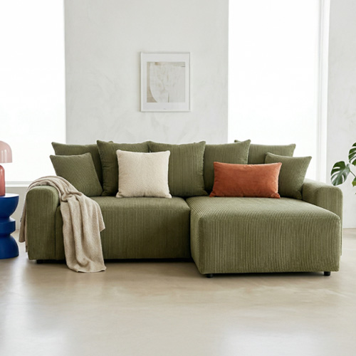 Canapé d'angle convertible réversible 4 places avec coffre de rangement en velours côtelé vert kaki - Monceau