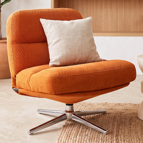 Fauteuil pivotant en velours côtelé orange et piètement chromé - Julia