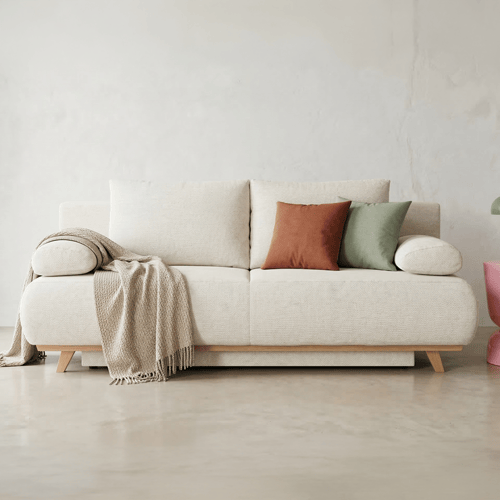 Canapé convertible 3 places avec coffre de rangement en tissu chenille beige - Laria