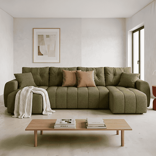Canapé panoramique convertible 6 places en tissu chenille vert olive - Alba