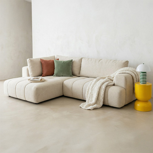 Canapé d'angle à gauche convertible 4 places en tissu chenille beige - ouverture rapide - Brera