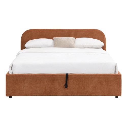 Lit coffre adulte 140x190 cm avec tête de lit en tissu chenille terracotta - Cassis