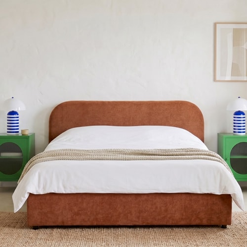 Lit coffre adulte 140x190 cm avec tête de lit en tissu chenille terracotta - Cassis