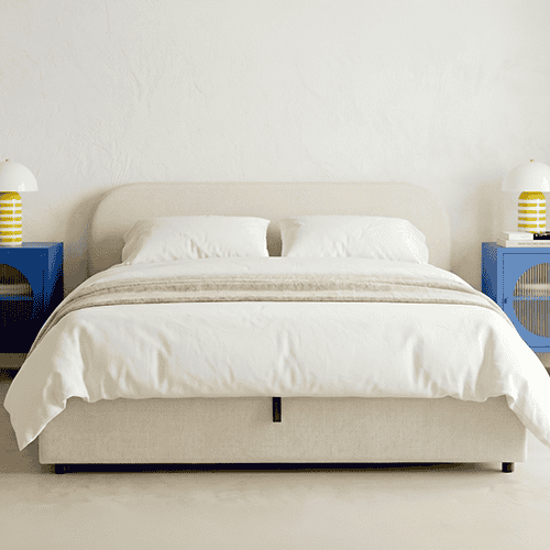 Lit coffre adulte 180x200 cm avec tête de lit en tissu chenille beige - Cassis