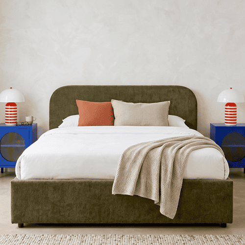 Lit coffre adulte 180x200 cm avec tête de lit en tissu chenille vert kaki - Cassis