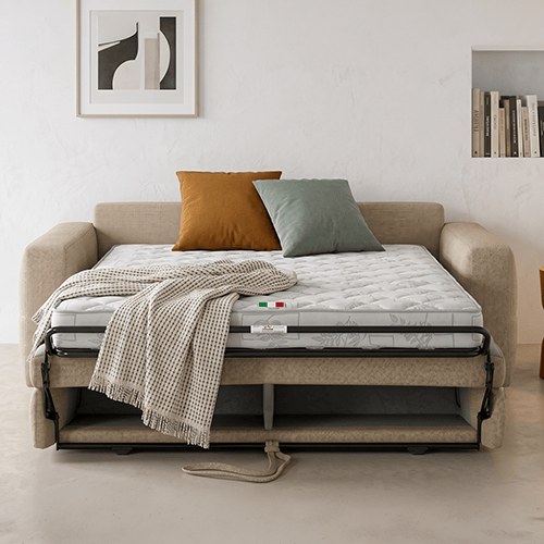 Canapé capitonné convertible 3 places en tissu chenille taupe - ouverture express - Cassian