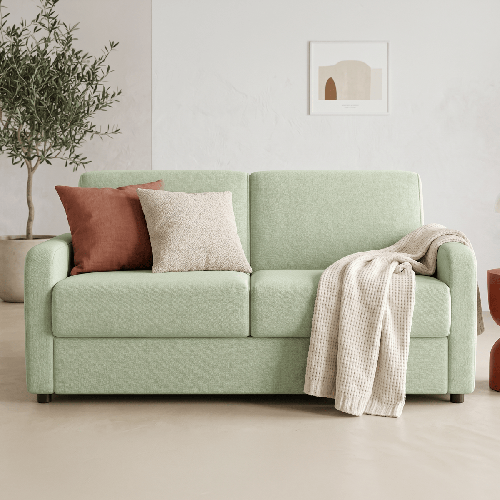 Canapé droit convertible 3 places en tissu chenille vert sauge - ouverture express - Lumio