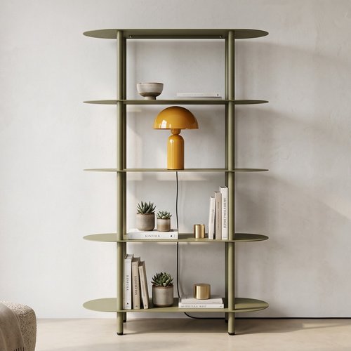 Etagère bibliothèque arrondie 5 niveaux en métal vert kaki 90 cm - Ysia