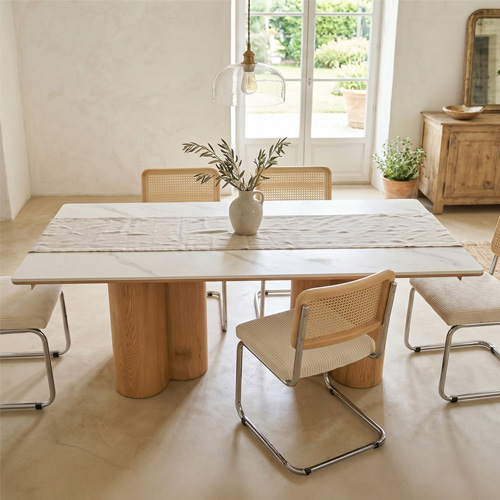 Table à manger rectangulaire 8 pers. en céramique effet Marbre blanc et piètement effet bois 180x90 cm - Kaolin