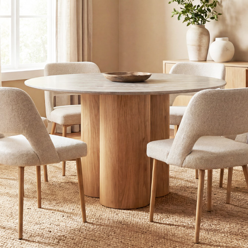 Table à manger ronde 4 pers. en céramique effet Travertin et piètement effet chêne Ø150 cm - Brescia