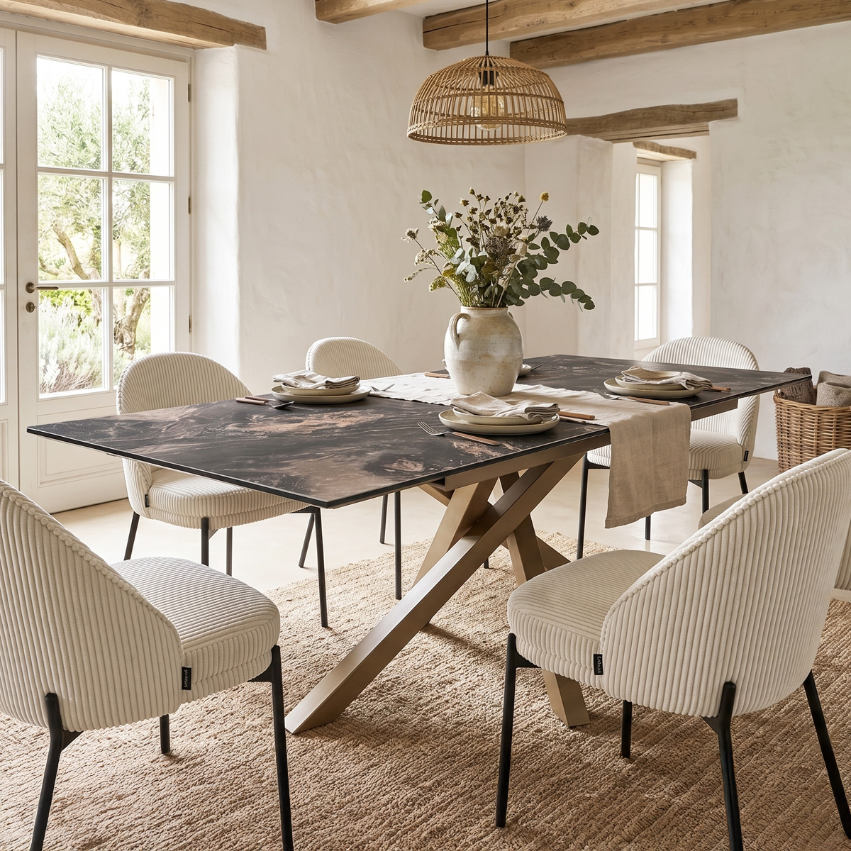 Table à manger rectangulaire extensible 8/10 pers. en céramique effet Marbre brun et piètement bronze 180/260x98 cm - Molina