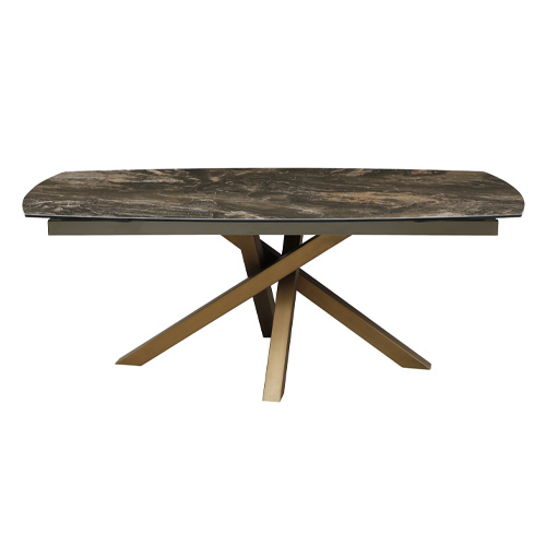 Table à manger ovale extensible 8/10 pers. en céramique effet Marbre brun et piètement bronze 180/260x98 cm - Murcia