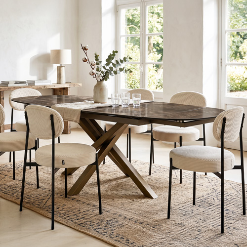 Table à manger ovale extensible 8/10 pers. en céramique effet Marbre brun et piètement bronze 180/260x98 cm - Murcia