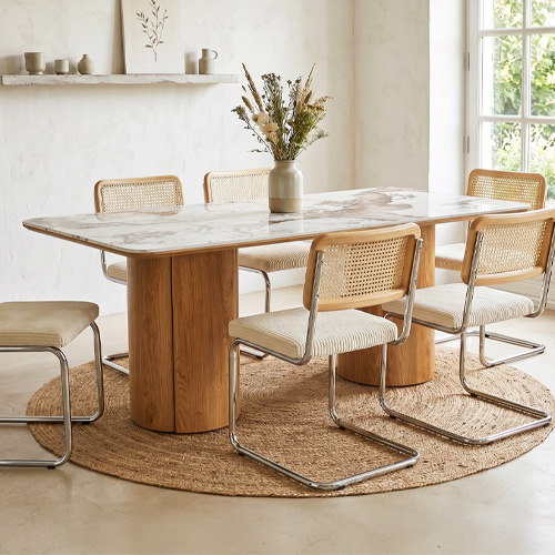 Table à manger rectangulaire 8 pers. en céramique effet Marbre gris Pandora et piètement effet Chêne 200x100 cm - Sibylle