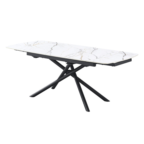 Table à manger rectangulaire extensible 6/8 pers. en céramique effet Marbre blanc et piètement noir 140/200x90 cm - Hydra