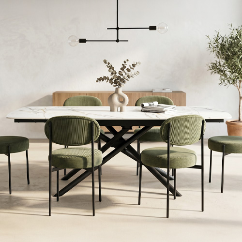 Table à manger rectangulaire extensible 6/8 pers. en céramique effet Marbre blanc et piètement noir 140/200x90 cm - Hydra