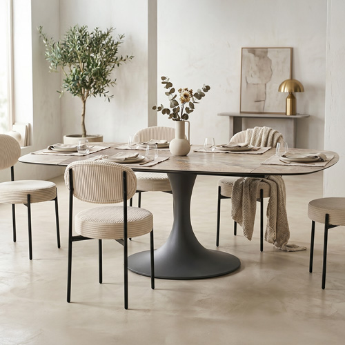 Table à manger extensible automatique 6/8 pers. en céramique effet Marbre taupe et piètement noir 115/190x190 cm - Sabbia