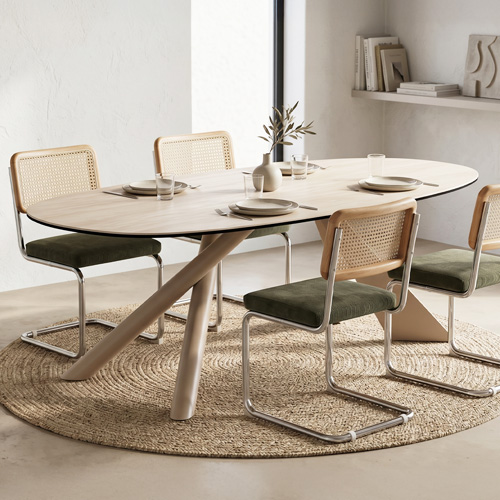 Table basse ovale en céramique effet Travertin et piètement beige 120x72 cm - Tundra