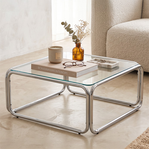 Table basse carrée en acier chromé et verre trempé 85x85 cm - Spritz