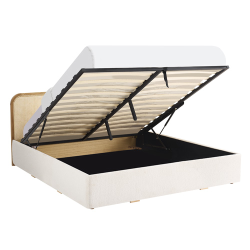 Lit coffre adulte 140x190 cm en tissu bouclé beige avec tête de lit en bois et cannage - Elsa