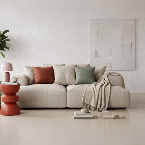 Canapé droit 3 places assise profonde en tissu chenille beige - Belvia