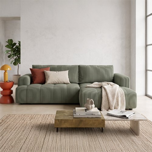 Canapé d'angle à droite convertible 4 places en tissu chenille vert olive - ouverture rapide - Karl
