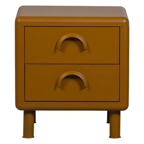 Table de chevet 2 tiroirs arrondie en métal jaune miel 45 cm - Rune
