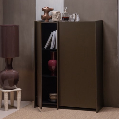 Buffet haut 2 portes en placage frêne brun moyen 102 cm - Brock