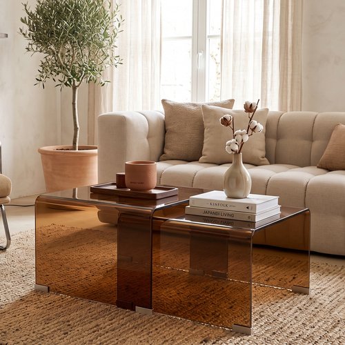 Lot de 2 tables gigognes en verre cintré caramel - Obsid