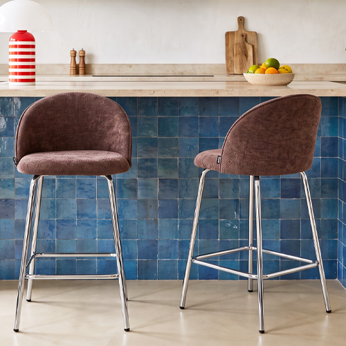 Lot de 2 tabourets de bar en tissu chenille marron, piètement chromé - Alta