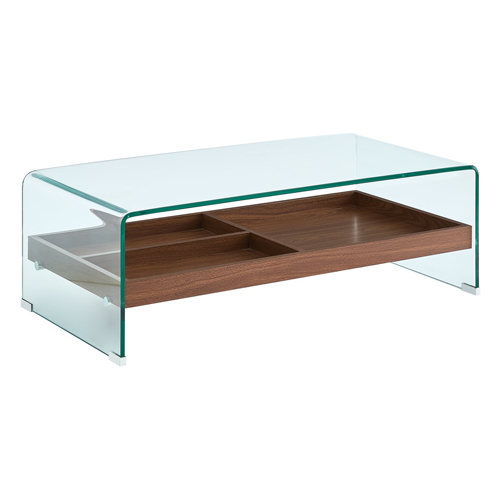Table basse rectangulaire en verre trempé avec étagère effet noyer 110 cm - Elva