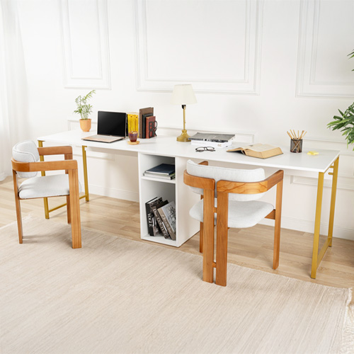 Bureau double avec rangement central blanc, piètement doré 240 cm - Orsa