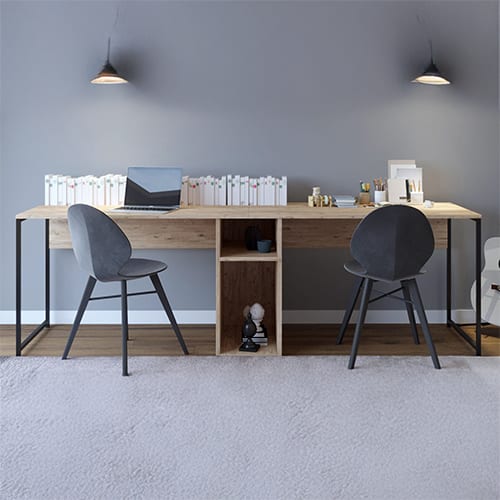 Bureau double avec rangement central effet bois, piètement noir 240 cm - Orsa