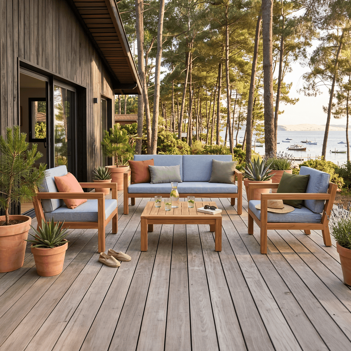 Salon de jardin 4 places en bois FSC - 1 canapé 2 places + 2 fauteuils - coussins gris chiné - Palau