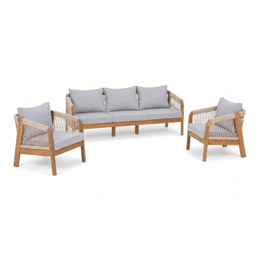 Salon de jardin 5 places en bois FSC - 1 canapé 3 places + 2 fauteuils - coussins gris chiné - Symi