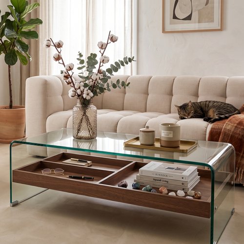 Table basse rectangulaire en verre trempé caramel avec étagère effet noyer 110 cm - Elva