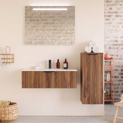 Meuble de salle de bain suspendu vasque intégrée 90cm 1 tiroir Noyer - Venice