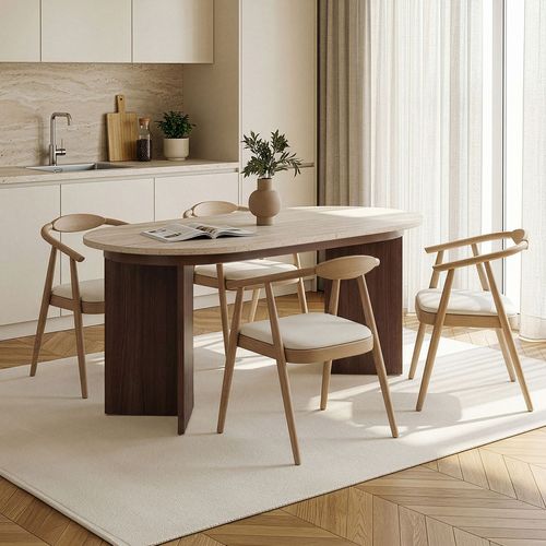 Table à manger extensible ovale effet travertin et noyer 4 convives 160/200 cm - Jovia