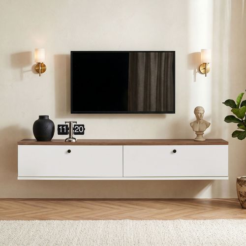 Meuble TV 2 portes effet pin et blanc 140 cm - Farel