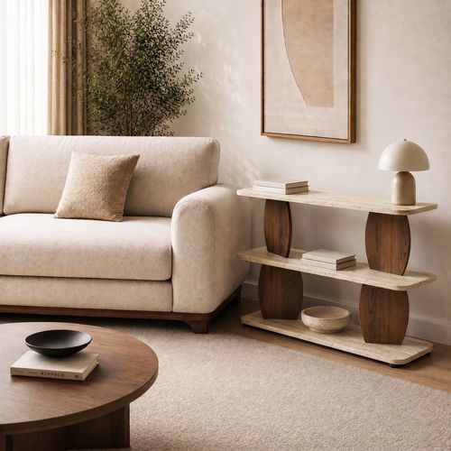 Table d'appoint 2 niches effet travertin et noyer 90 cm - Vero