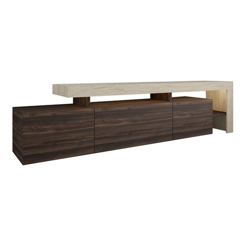 Meuble TV LED 3 portes 4 niches effet travertin et noyer 192 cm - Ilia