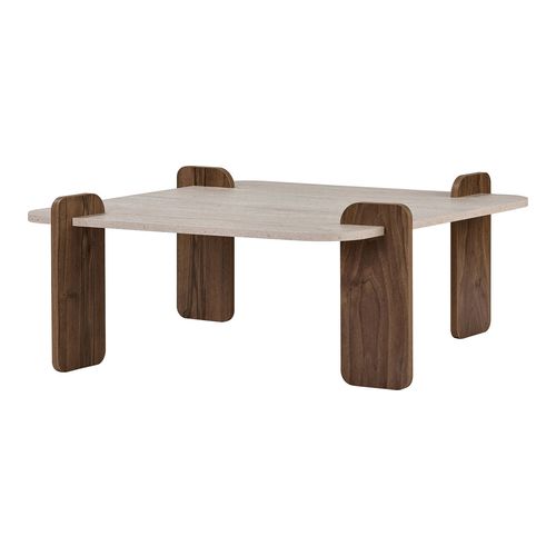 Table basse carrée effet travertin et noyer 117 cm - Joria