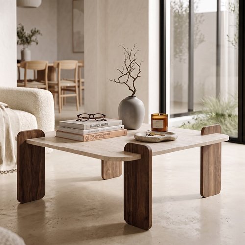 Table basse carrée effet travertin et noyer 117 cm - Joria