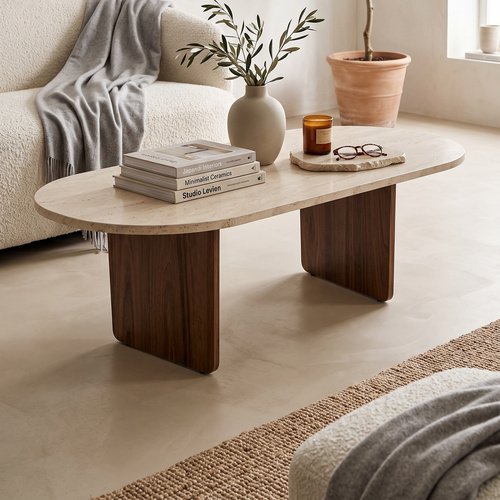 Table basse effet travertin et noyer 130 cm - Ceane