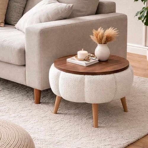 Table d'appoint ronde en tissu teddy blanc 45 cm - Ronia