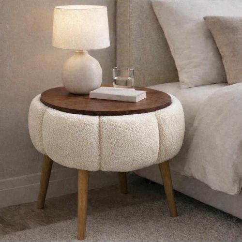Table d'appoint ronde en tissu teddy crème 45 cm - Ronia