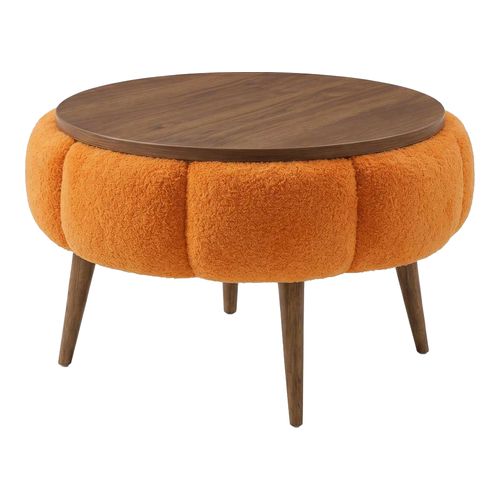 Table basse ronde en tissu teddy effet noyer et orange 60 cm - Silva